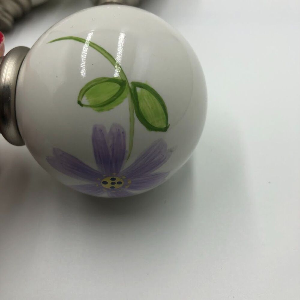 Pottery Barn Floral Ceramic Ball Finials | Set of 4 | Purple & Silver Tone Decor - Picture 4 of 8